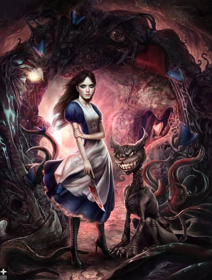 Алиса найди женщина. Американ МАКГИ Алиса арт. Alice Madness Returns Алиса и Чешир. Алиса в стране чудес МАКГИ. Алиса в стране чудес Американ МАКГИ арт.