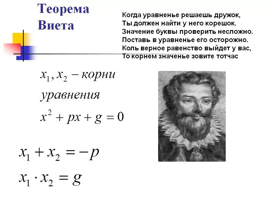 Математика виета. Франсуа Виет формула. Квадратные уравнения Франсуа Виет. Франсуа Виет теорема формулировка. Решение квадратичных уравнений теорема Виета.