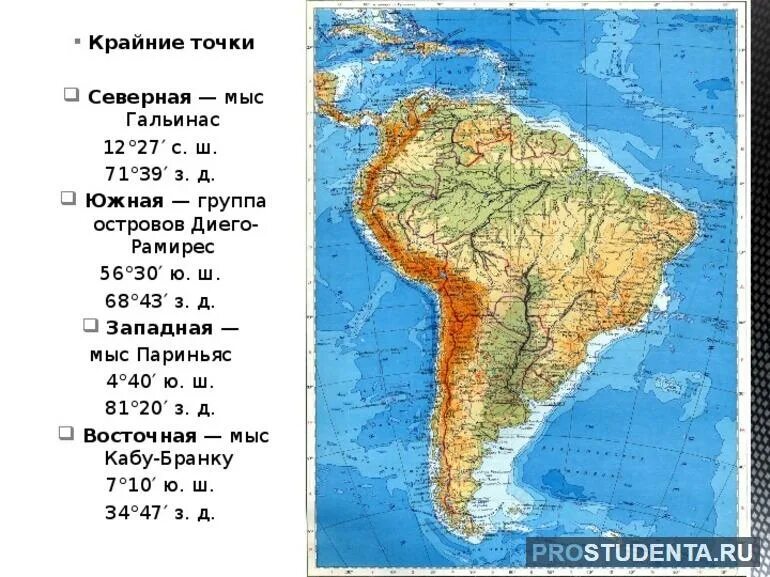 Координаты южной америки география 7 класс. Карта Южной Америки географическая крайние точки. Северная Америка мыс Гальинас. Южная Америка мыс Гальинас. Координаты крайних точек Южной Америки на карте.