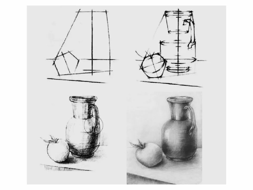 Графика первые уроки. Этапы построения натюрморта. Рисование простого натюрморта. Построение натюрморта. Этапы рисования натюрморта.