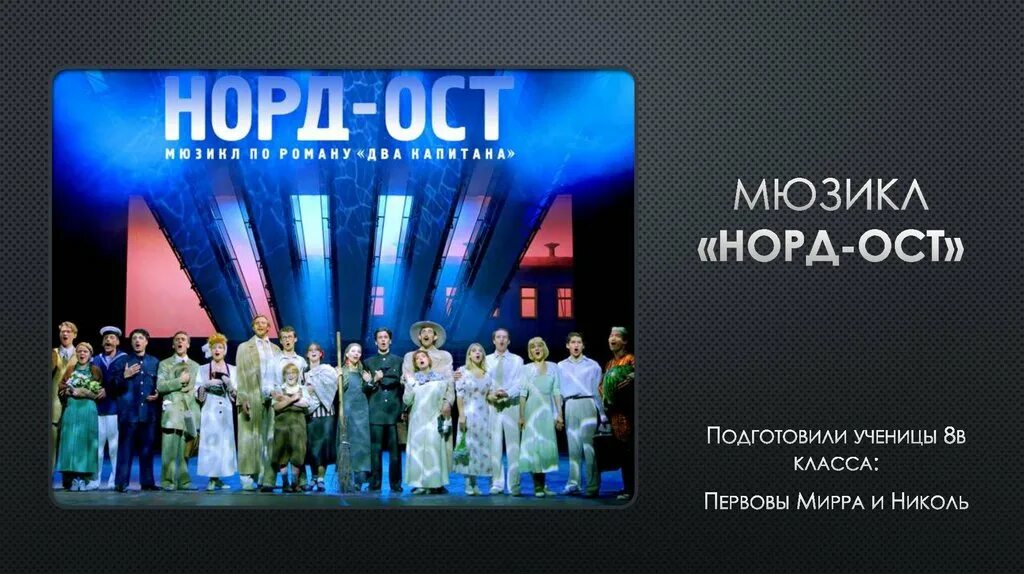 Норд ост слова. "Норд-ОСТ" по роману Каверина "два капитана".. «Норд-ОСТ» — мюзикл по роману Вениамина Каверина «два капитана». Мюзикла «Норд-ОСТ» 2002 Г.