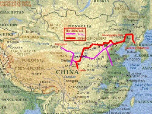 Сколько километров великая китайская. Великая китайская стена на карте. Китайская стена на карте древнего Китая. Великая стена на карте Китая.