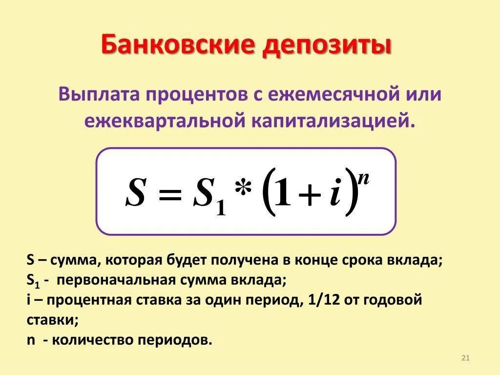 Капитализация по вкладу счету. Формула расчета капитализации процентов по вкладу. Формула для расчета процентов по вкладу с ежемесячной капитализацией. Формула расчета депозита сложного процента. Формула расчета процентной ставки вклада.