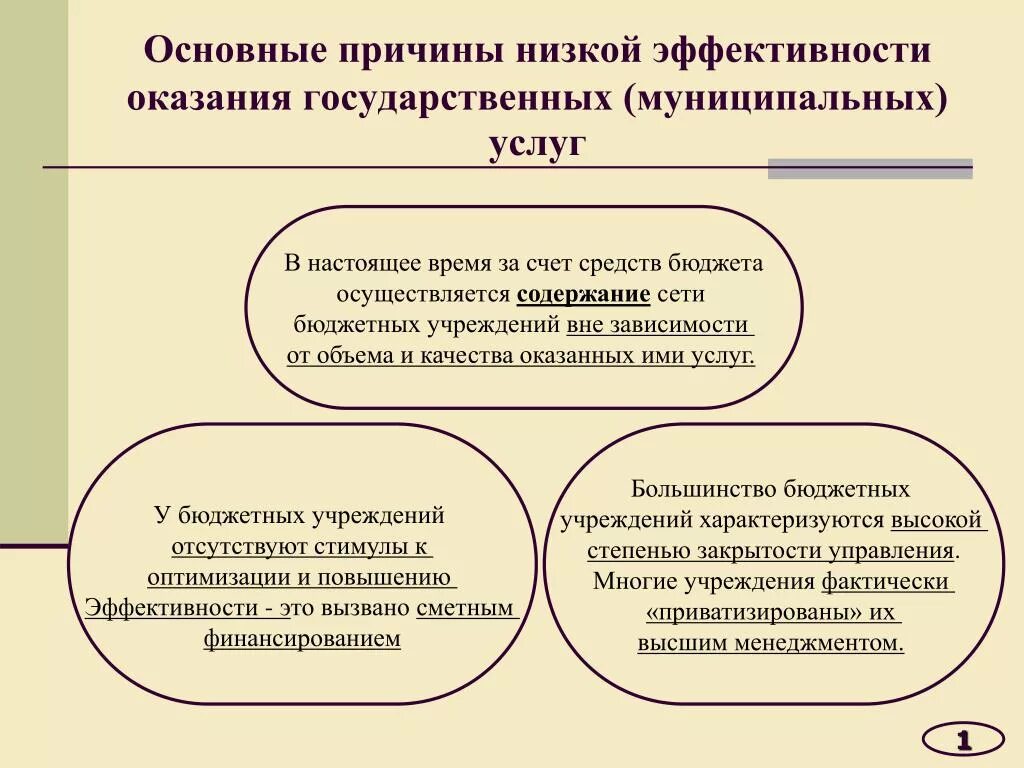 Причины оказания государственных и муниципальных услуг. Причины низкого предоставления услуг. Эффективность в предоставлении услуги. Цели и показатели оказания государственной услуги. Сеть бюджетных учреждений