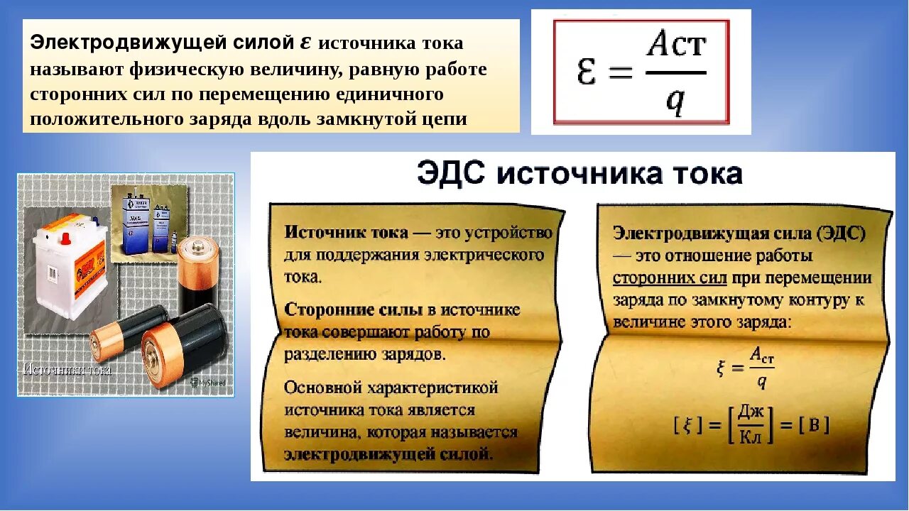 ЭДС источника тока. Источник тока в источник ЭДС ток. Электродвижущая сила ЭДС формула. Электродвижущая сила источника тока.