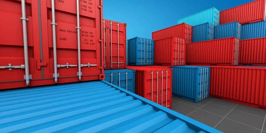 3d import. Стопка контейнеров. Импорт корабли и контейнеры. Shipping Container Stack. Stack of Blue Containers Box, Cargo freight ship for Import Export 3d.