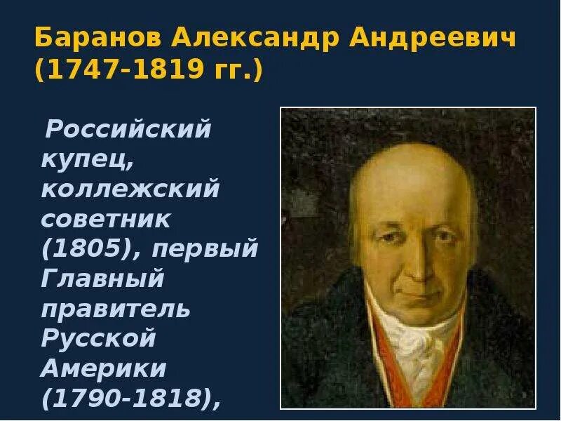 Барановым александром андреевичем. А.А Баранов правитель русской Америки.