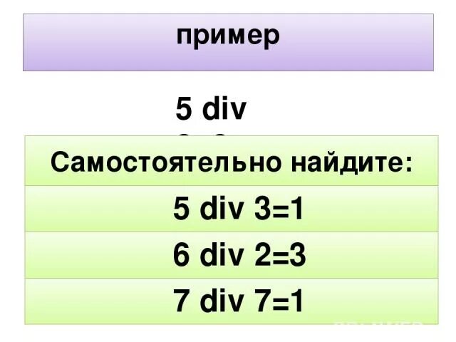 Примеры div. Див и мод. 5 Div 2. 2 Div 3 равно.