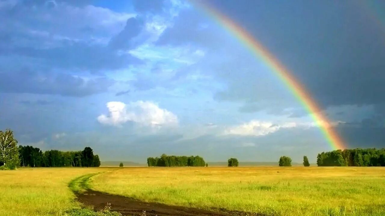 Радуга после дождя. Радужное поле. Радуга над полем. Пейзаж с радугой. Радуга в небе после дождя река времени