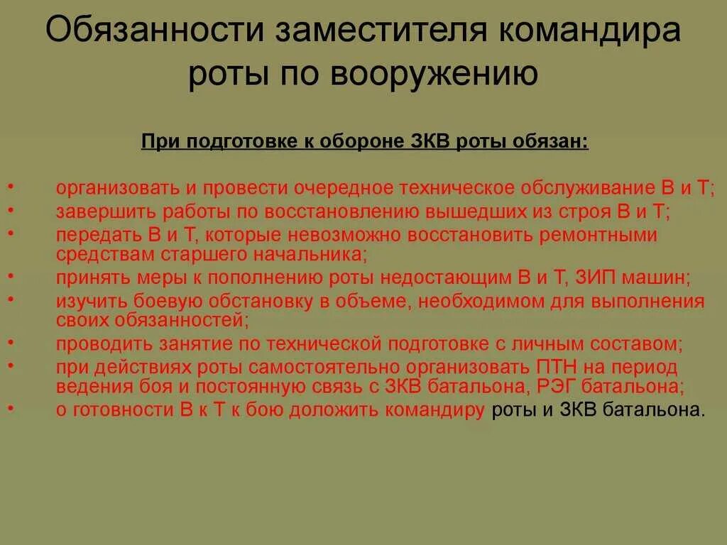 Обязанности заместителя командира роты по вооружению. Заместитель командира роты по вооружению. Обязанности заместителя командира батальона по вооружению. Заместитель командира взвода. Командир батальона заместитель командира полка