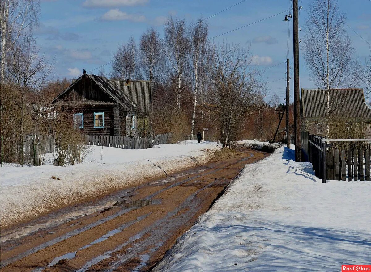 Улица в деревне весной. Деревня Рютино Тверская область. Деревенская улица весной.