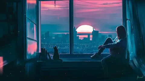 a woman sitting on a window sill looking out at the city skyline and sunset...