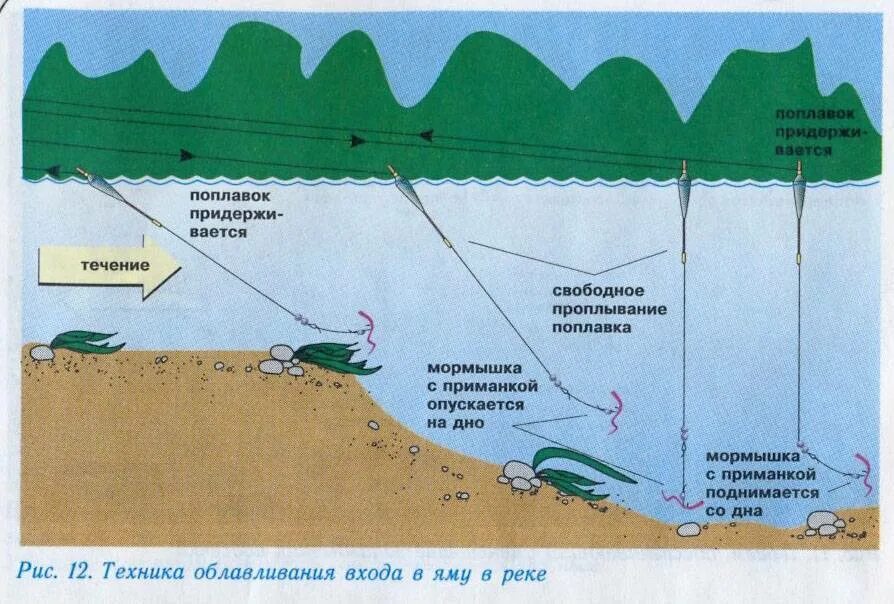 Ловля на реке с течением. Схема ловли рыбы. Ловля на бровке. Места для ловли рыбы. Глубина ловли рыбы.