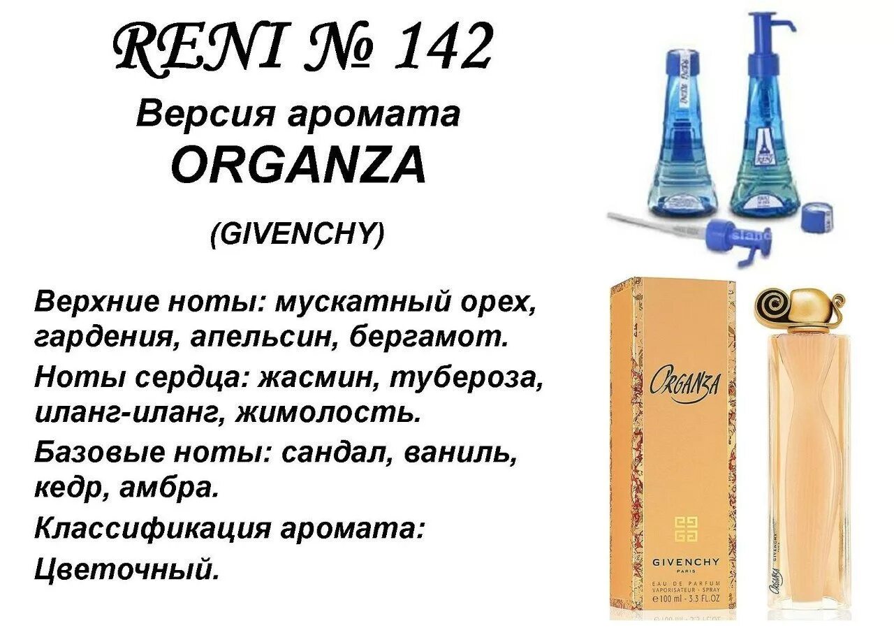 Сколько рени. Organza / Givenchy 142 Рени. Рени Organza (Givenchy) 100мл. Reni духи 142. Духи Рени 310.