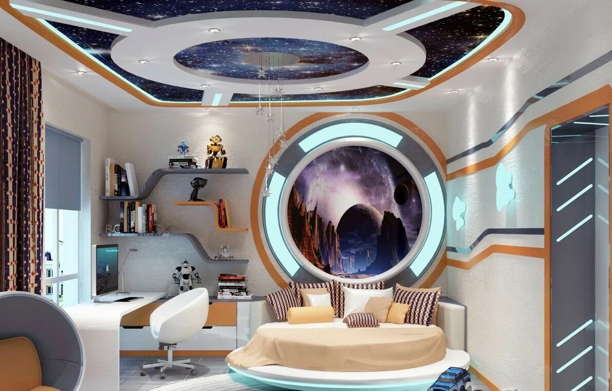 Детская будущего. Комната в космическом стиле. Необычные комнаты. Комната в стиле космос. Интерьер комнаты в стиле космос.