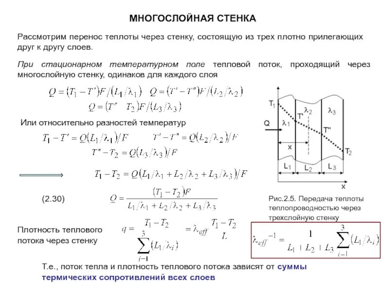 Тепловой поток через многослойную стенку. Перенос теплоты теплопроводностью. тепловой поток, проходящий через многослойную стенку.. плотность теплового потока через плоскую трехслойную стенку. теплопроводность через многослойную стенку.