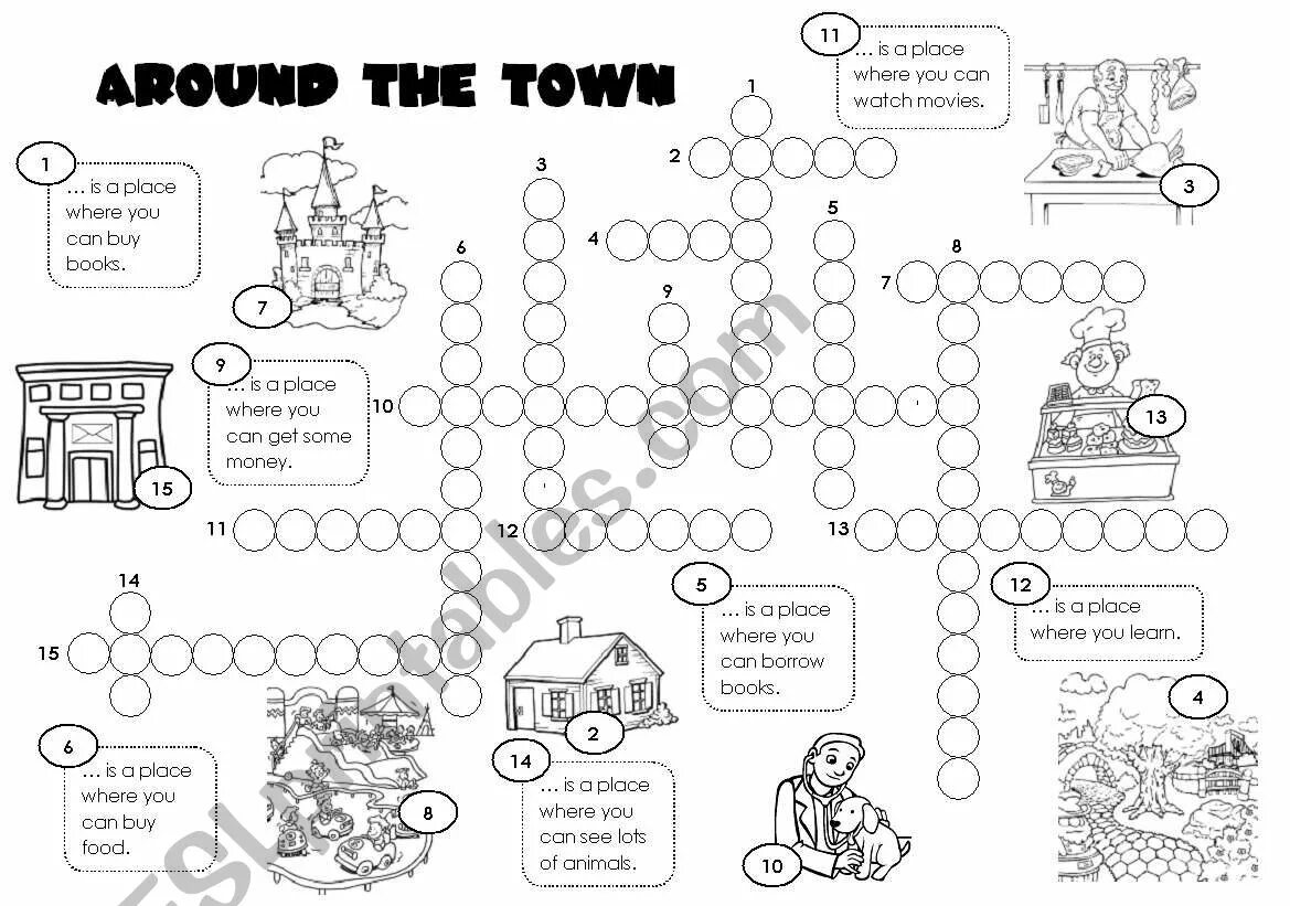 Getting about the town. Places in town worksheets. places in the city crossword. places in town crossword for kids. town worksheets for kids.