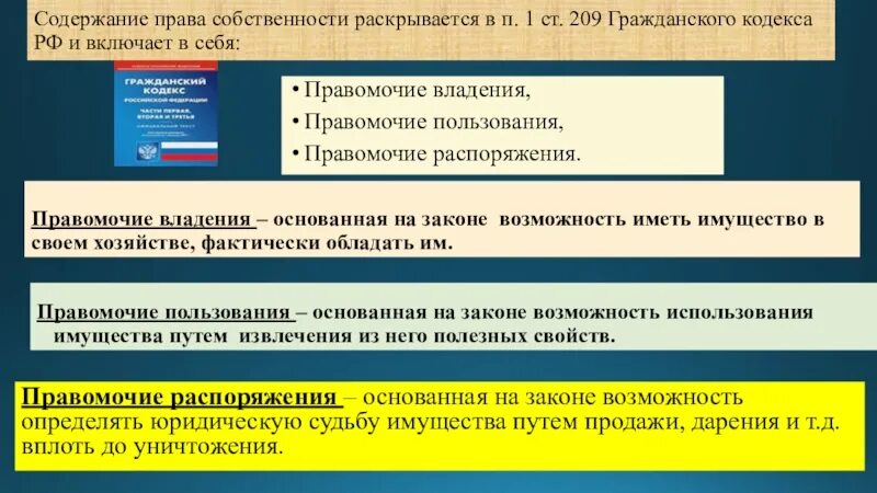 Статей 209 гражданского кодекса рф. 209 Статья гражданского кодекса. П 1 ст 209 ГК РФ. Содержание правомочия владения.