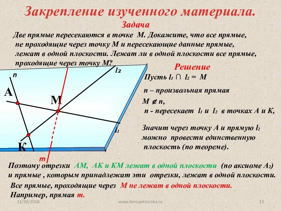 Точки лежащие на прямой при движении. 3 Аксиомы стереометрии 10 класс. Аксиомы геометрии 10 класс. Две прямые пересекаются в точке м. Доказать что прямые скрещиваются.