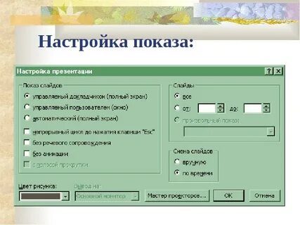 В окне настройка презентации можно установить