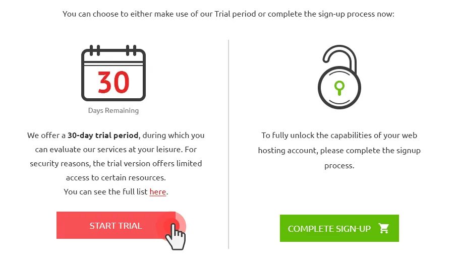 Trial web hosting. Триальный период. Start Trial.