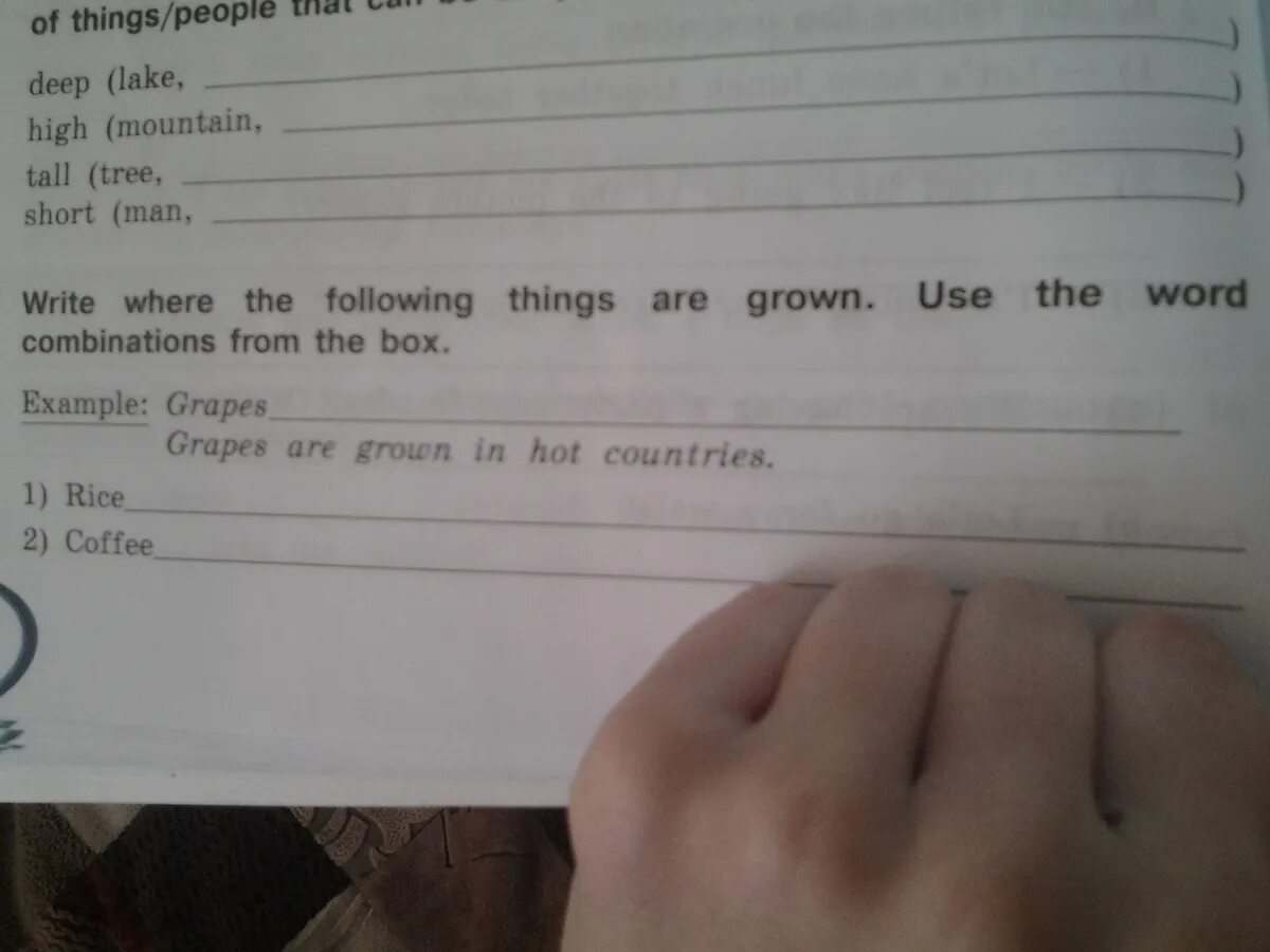Use the following information. Write where the following things are grown use the word combinations from the box. write where the following things are grown use the word combinations from the box rice coffee. 9.write down the word combinations.