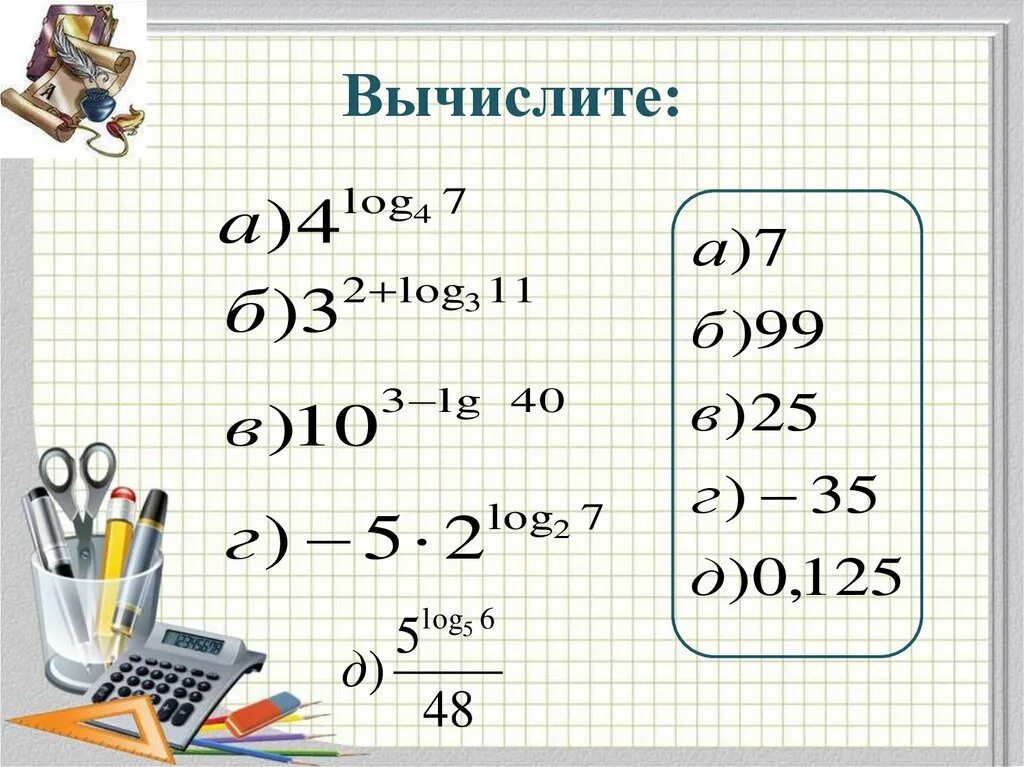 Логарифмы. Log4. Log4 4. 4^Log4 23. Вычислить 7 2 log 5