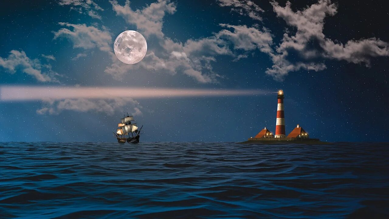 Далекий корабль. Море маяк корабль. маяк и парусник в море. ночь маяк корабль. маяк луна море.
