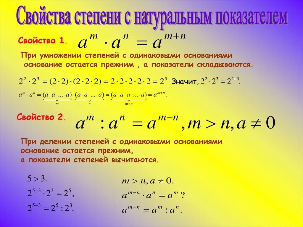 Правило степеней в алгебре 7 класс. Степень с натуральным показателем формулы. Степень с натуральным показателем свойства степени. Степени числа 7 класс Алгебра.