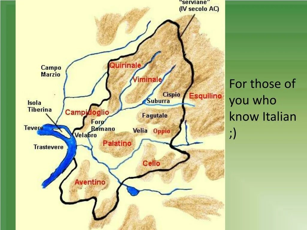 Холмы разбор. Карта древнего Рима семь холмов. Холм палатин в Риме на карте. Сервиева стена на карте древнего Рима. Поселение на Палатине и название.
