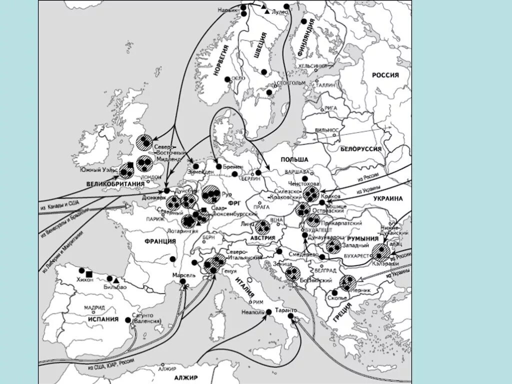 Карта зарубежной Европы чёрная металлургия. Центры черной металлургии в Германии карта. Каменноугольные бассейны зарубежной Европы. Центры цветной металлургии в Европе карта.