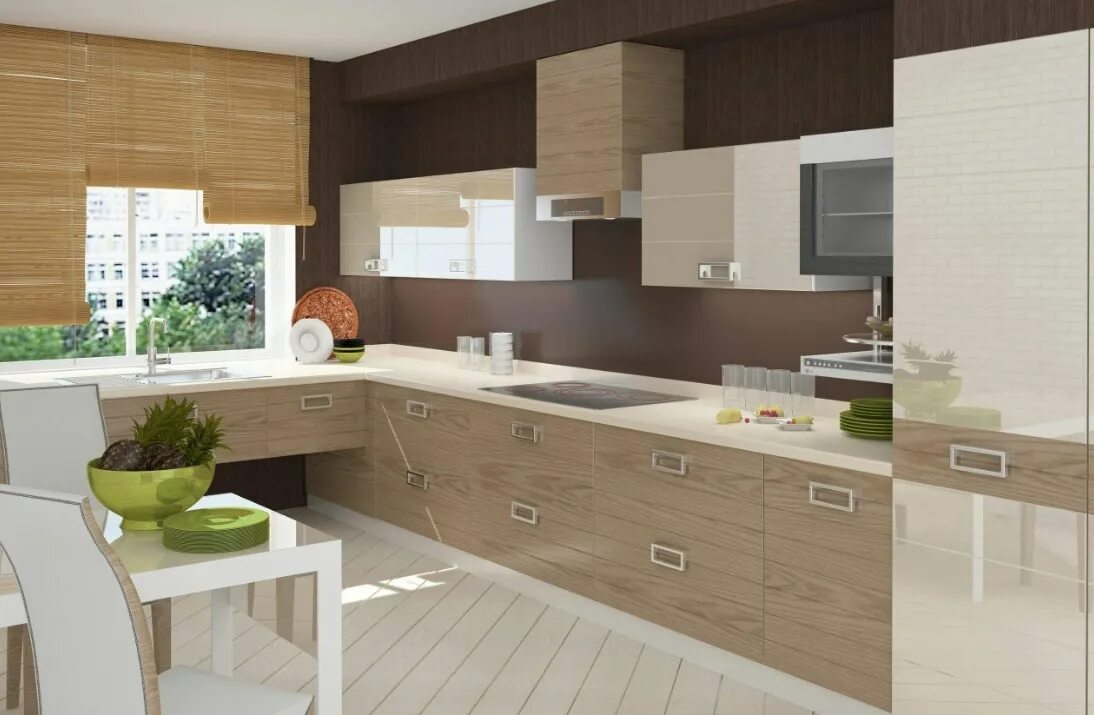 Кухонный гарнитур бежевый с деревом. Кухонный гарнитур коричневый с бежевым. Сочетание фасадов кухни. Интерьер кухни олива-фисташка. Кухня в сливовых тонах.