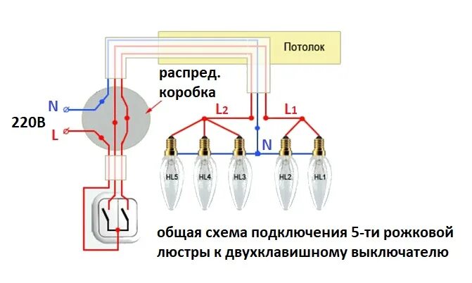 Подключить двухклавишный выключатель три провода. Схема подключения 2 лампочки 3 провода. Схема подключения люстры с 3 проводами к 2 проводам. Люстра 5 рожковая схема подключения. Схема двойного переключателя на 2 фазы.