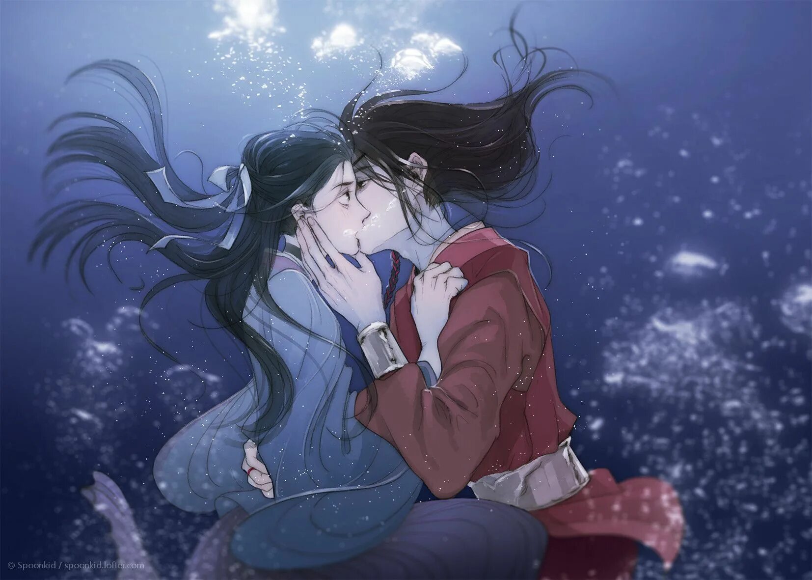 Благословение небожителей манга яой. Се Лянь и Хуа Чен поцелуй. Хуа Чэн и се Лянь поцелуй под водой. Хуа Чен и се Лянь первый поцелуй. Се Лянь и Хуа Чен поцелуй в воде.
