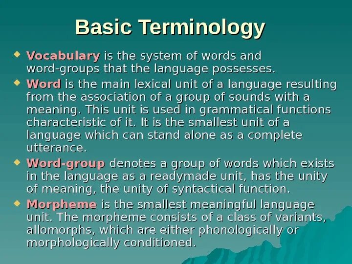 Lexical System of the language. Lexical Units. Lexicology of English language. Language Units. Basic terms