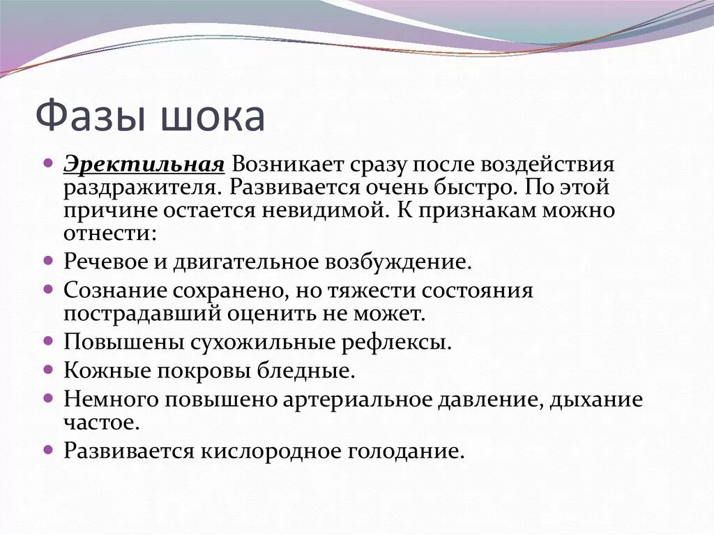 Этапы шока. Фазы развития шока. Перечислите признаки эректильной фазы шока. Симптом 2 стадии торпидной фазы шока. Кожные покровы при торпидной фазе шока.