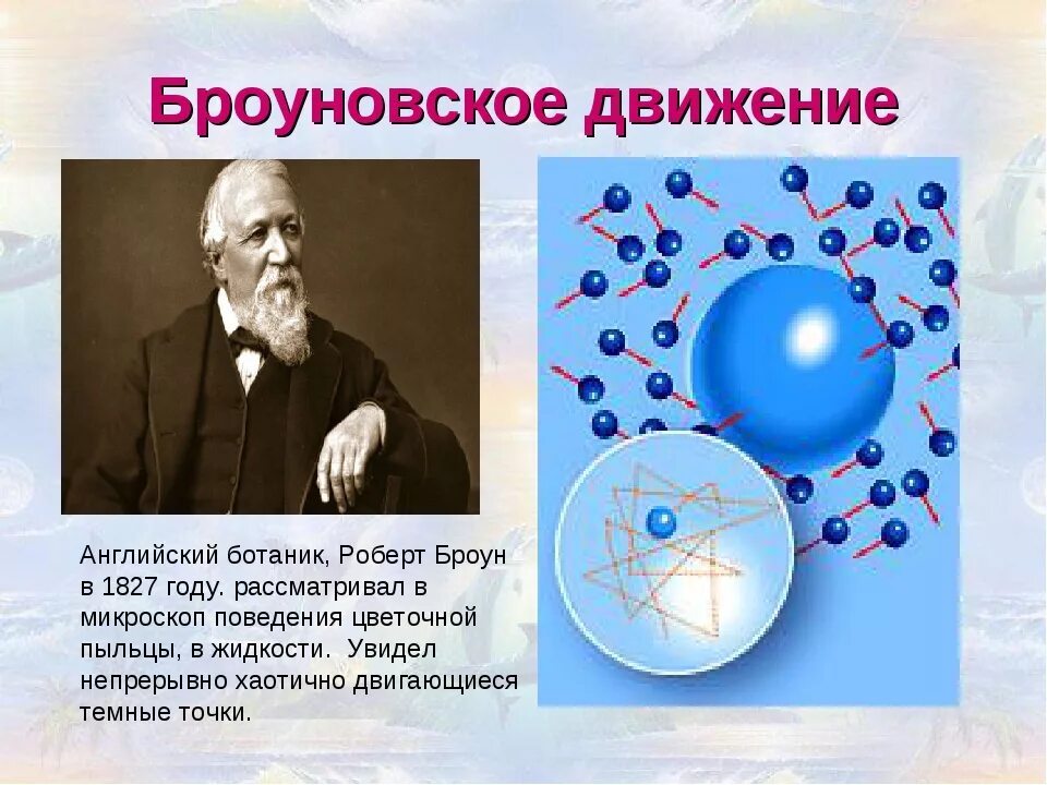 Кто открыл явление беспорядочного движения частиц. Эксперимент Брауна броуновское движение. Опыт Броуна броуновское движение.