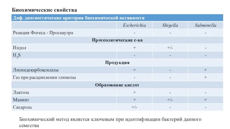 Свойства идентификации бактерий. Биохимические свойства энтеробактерий таблица. Биохимическая идентификация энтеробактерий. Биохимическая характеристика энтеробактерий. Таблица биохимической активности бактерий.