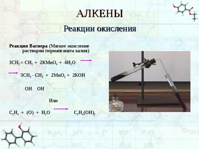 Алкены и перманганат калия. Реакция окисления по Вагнеру. Реакция Вагнера Алкены. Мягкое окисление Вагнера. Окисление алкенов реакция Вагнера.