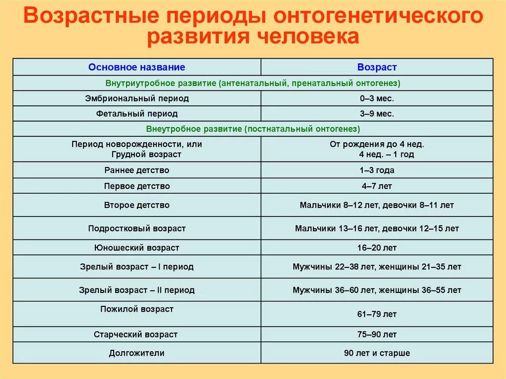 Возросли название. Возрастные периоды онтогенетического развития человека. Возрастные периоды онтогенетического развития таблица. Индивидуальное развитие и возрастная периодизация. Периодизация индивидуального развития человека.