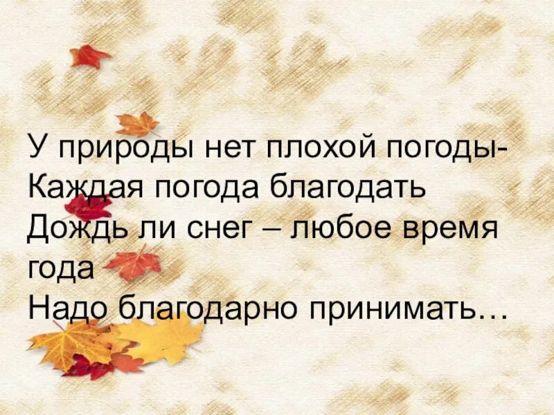 У природымнет АЛОХОЙ погоды. У природы нет плохой погоды. У природы нет хлохой породы. Стих у природы нет плохой погоды. Благодарно принимать