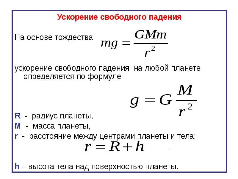 Почему ускорение свободного. Ускорение свободного падения формула. Вывод формулы для расчета ускорения свободного падения. Ускорение свободного падения на планете формула. Ускорение свободного падения формула 9 класс.