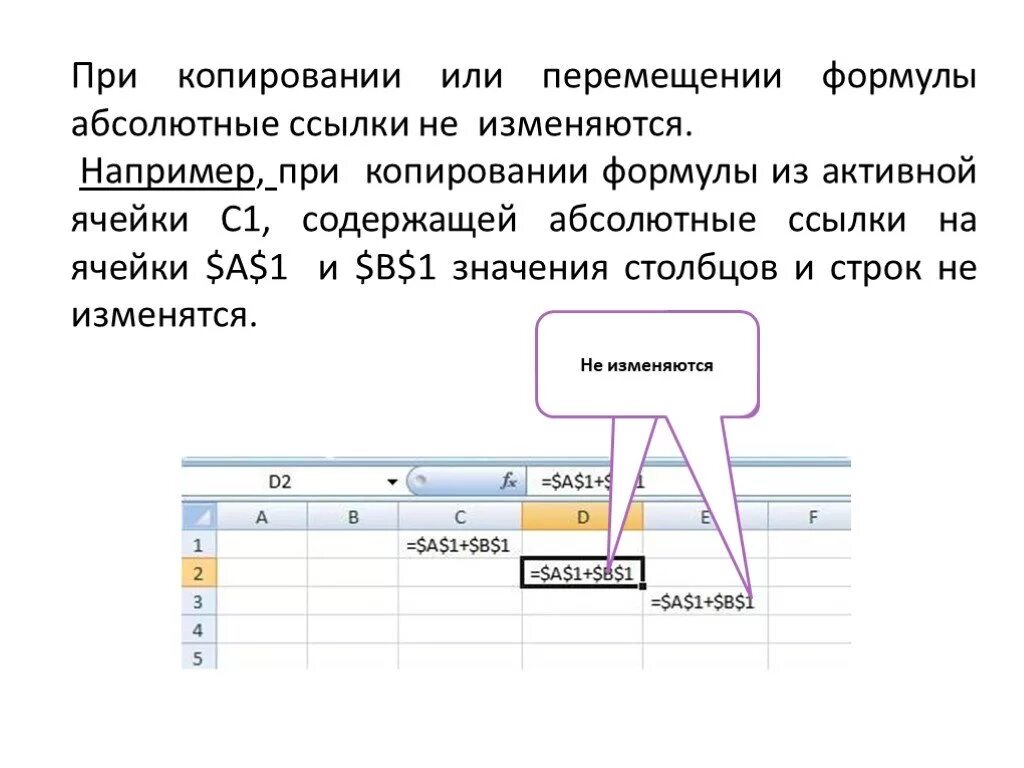 Формула f 1 d 5 электронной таблицы. При копировании или перемещении формулы. Абсолютные ссылки при копировании формулы…. При копировании формулы. Абсолютные ссылки при перемещении или копировании.