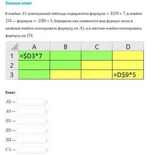 Фрагмент электронной таблицы содержит