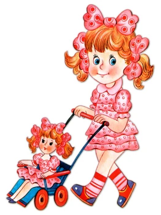 Девочка везет куклу в коляске. Мультяшные куколки. Девочка рисунок для детей. Игрушки для девочек в детском саду. Картинка девочка с куклой