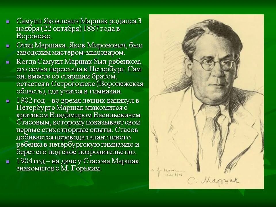 География Самуила Яковлевича Маршака. Автобиография Самуила Яковлевича Маршака краткая. Интересные факты о самуиле яковлевиче маршаке