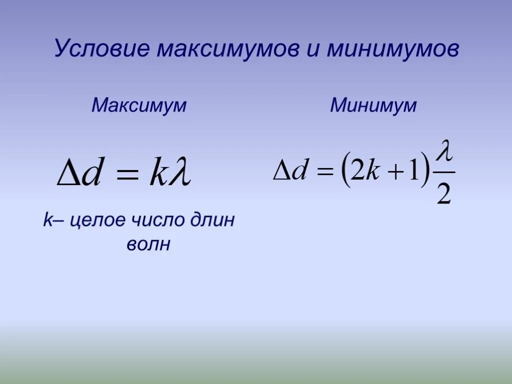 Условия минимума интерференции волн. Условия максимума и минимума интерференции формула. Условие максимума интерференции формула. Условие минимума интерференции формула. Интерференционный максимум и минимум формулы.