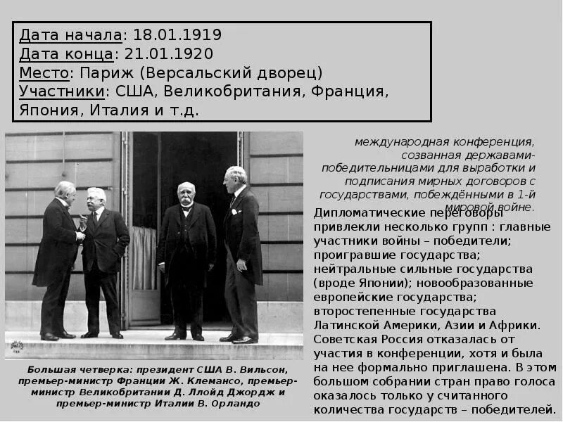 Большая четвёрка (аудит). Парижская мирная конференция 1919. Женевский саммит 1955. Игра в шахматы — ленин, вильсон, ллойд джордж и клемансо. Большая четверка 1919.