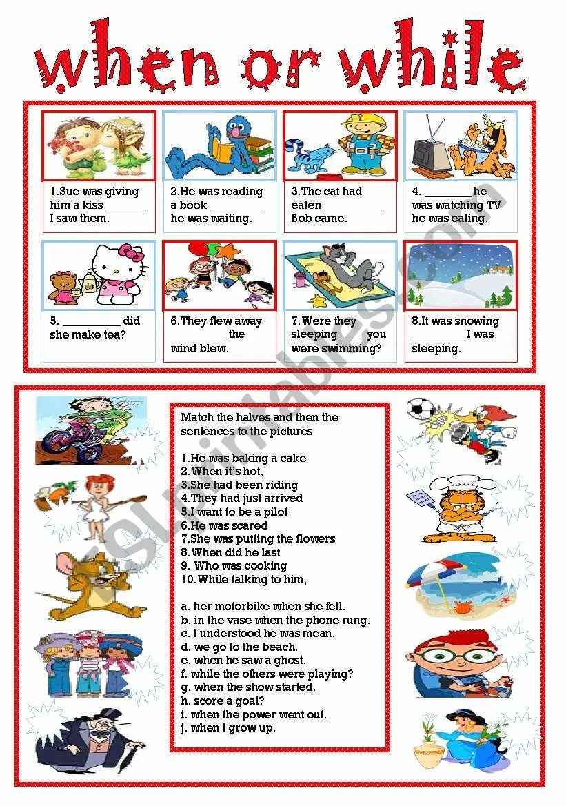 Put when or while. When while worksheet. when while упражнения. when while past continuous и past simple worksheets. while when past continuous worksheets.