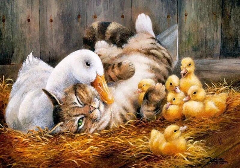Утята в живописи. Цыплята живопись. Картина утята и кошка. Котик и утенок.
